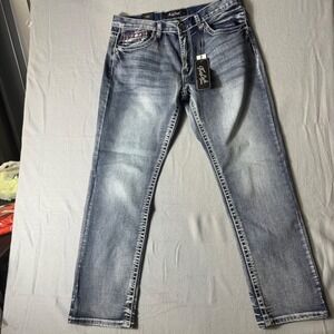 True Luck Straight Leg Jeans Mens 36x32 Blue Stretch TL24041513 Contrast Stitch